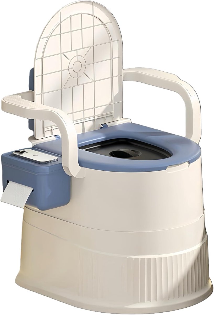 Toiletstoel met rugleuning en armleuningen, compacte campingcommode voor camper, outdoor, ouderen, zwangere vrouwen, capaciteit van 150 kg, gemakkelijk schoon te maken, stevig