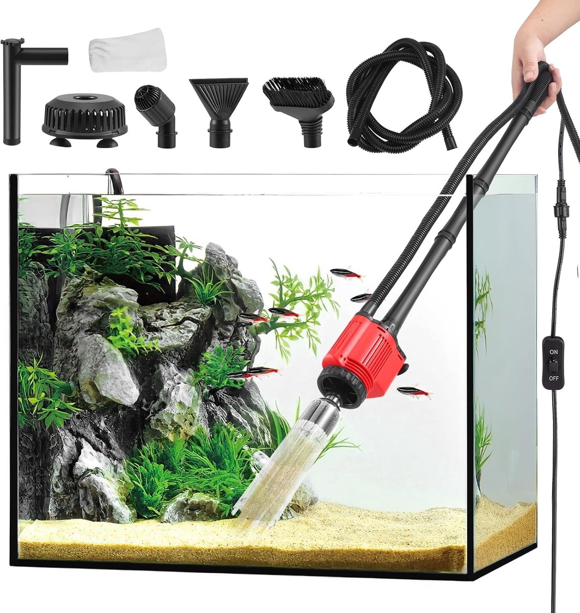 Aquariumreiniger, 6-in-1 Aquarium Gravelzuiger, 28W Automatische Waterverversing, voor Waterverversing, Zandreiniging, Vuilverwijdering, Filtratie