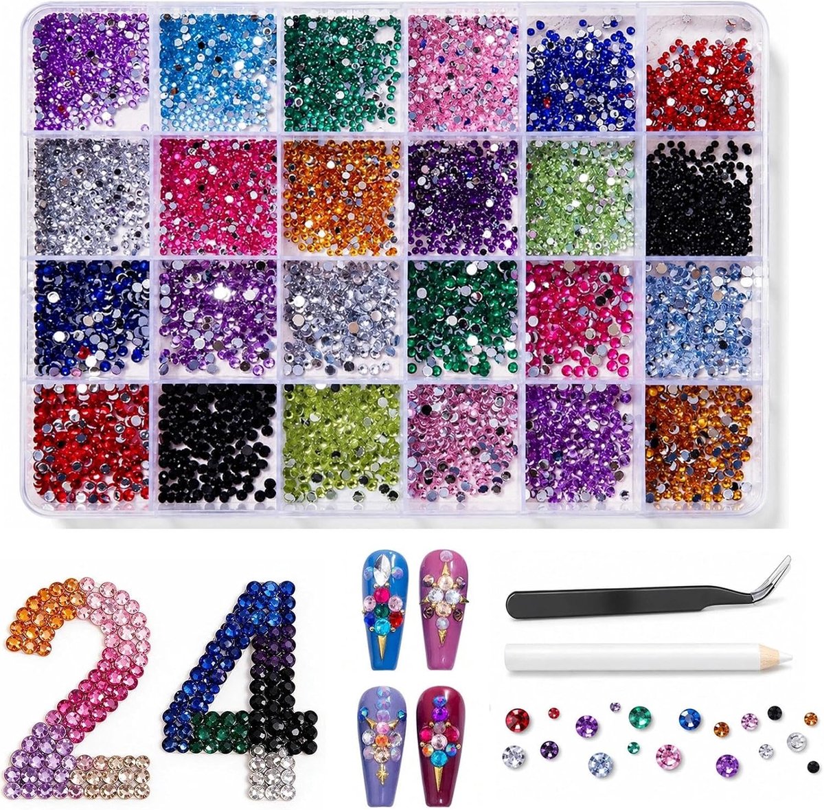 18.000 stuks strass-steentjes met platte achterkant, 24 kleuren glitterstenenset, voor doe-het-zelf nagels, handwerk, kunsthandwerk, met picking-pincet en wasstift