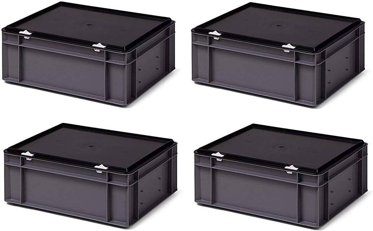 4 stuks transportstapelbak TK414-D grijs met zwart afsluitdeksel, LxBxH 400x300x145/156 mm, volume 13 liter, draagvermogen: 30 kg, gemaakt van voedselveilig PP