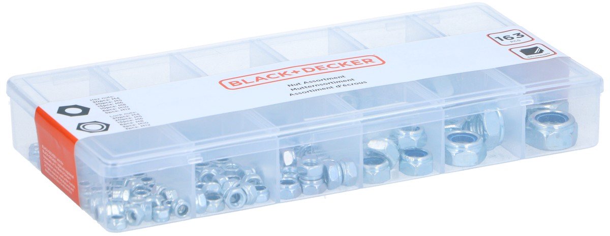 BLACK+DECKER Moerenassortiment 163 Stuks - Borgmoeren en Zeskantmoeren van Staal - Geschikt voor Diverse Bevestigingsklussen - Maten M4 tot M12 - Inclusief Overzichtelijke Opbergdoos - Kleur Zilver
