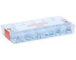BLACK+DECKER Moerenassortiment 163 Stuks - Borgmoeren en Zeskantmoeren van Staal - Geschikt voor Diverse Bevestigingsklussen - Maten M4 tot M12 - Inclusief Overzichtelijke Opbergdoos - Kleur Zilver