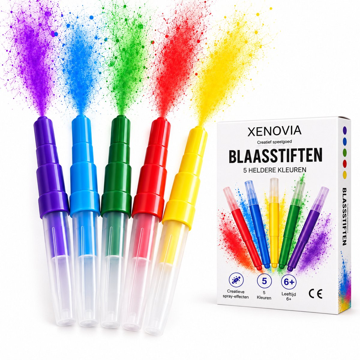 Xenovia Blaasstiften - 5 kleuren - Creatief speelgoed - Blaaspennen / Stiften - Spraypens / Blow pens