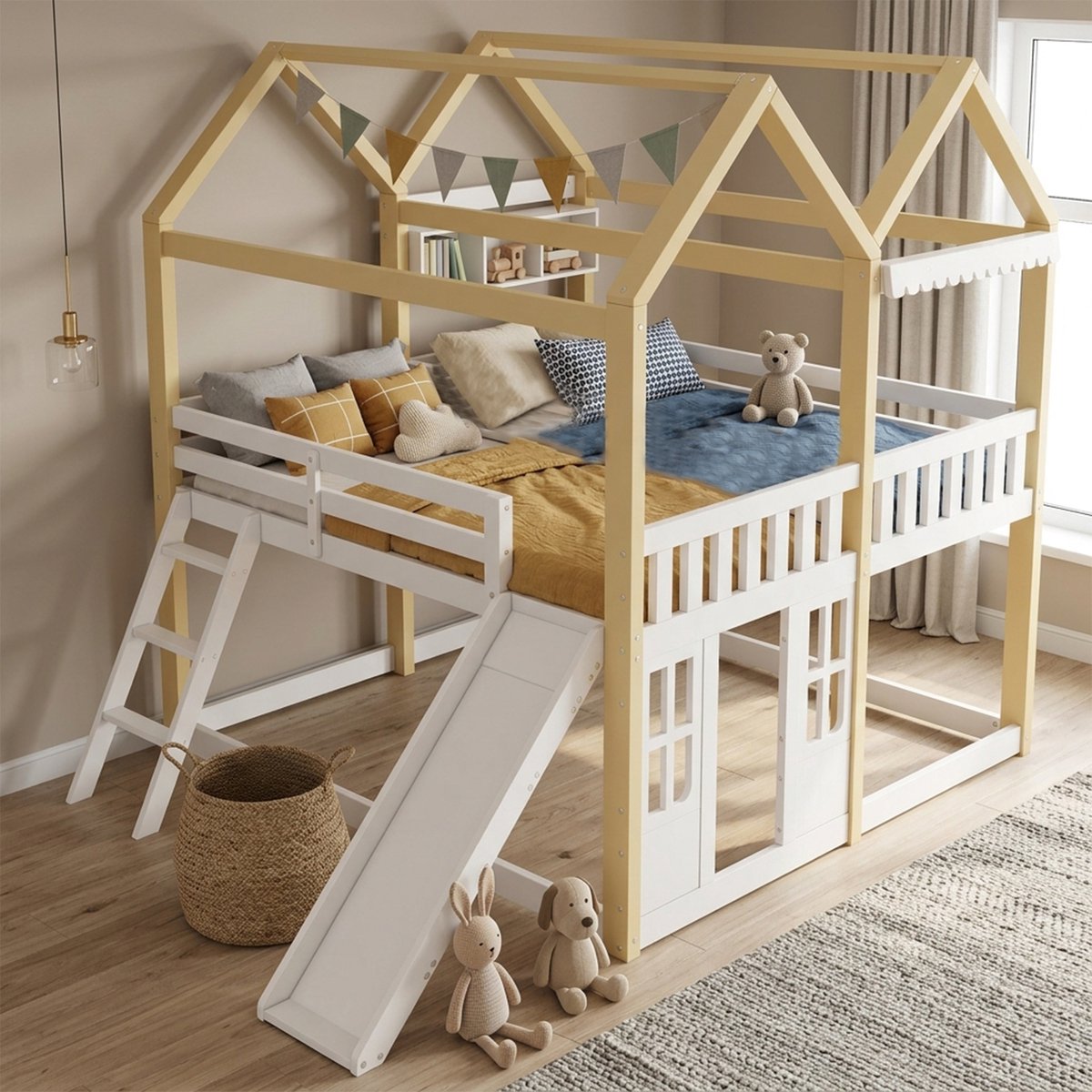 Merax Kinderbed - hoogslaper 90x200 cm - huisbed - glijbaan en ladder kunnen links of rechts worden geplaatst - wit en houtkleur - zonder matras