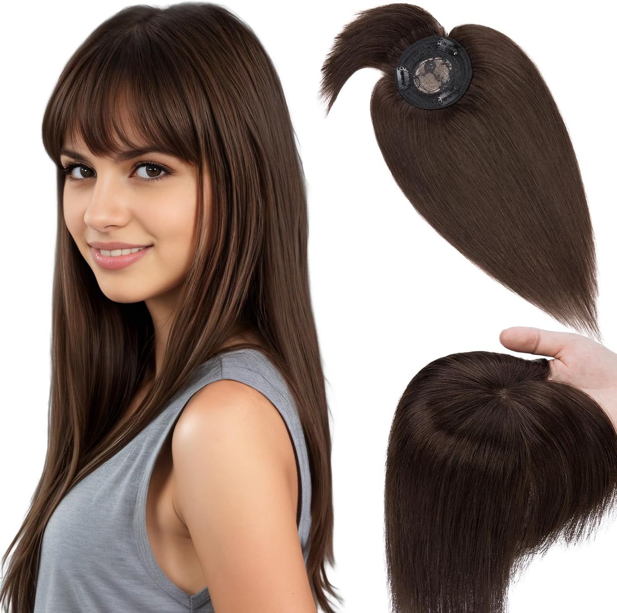 Elailite Hair Topper Dark Brown Human Hair Topper 40cm 41g Toupee Ladies With Long Fringes, Clip In Hairpiece, Base - ShopVlot