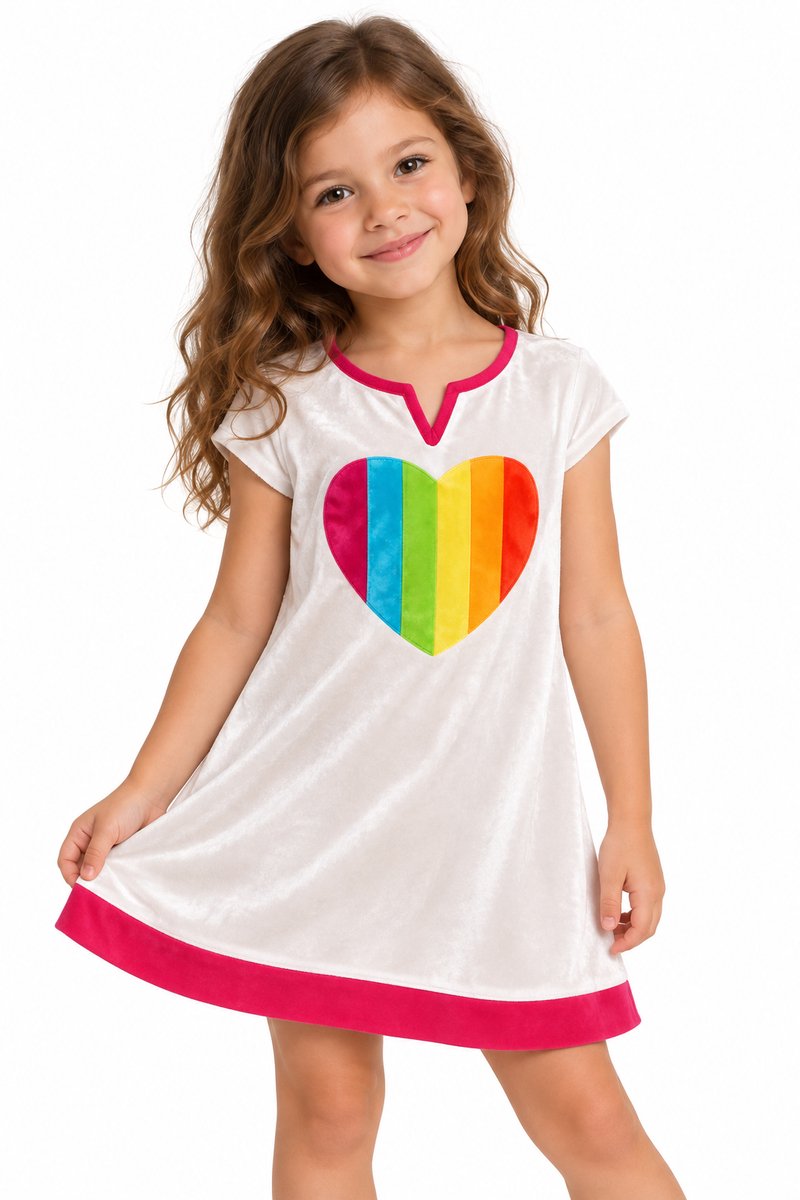 Meisjes Jurk Regenboog Hart – Wit Fluweel – Roze Details – Kinderjurkje -5/6 jaar