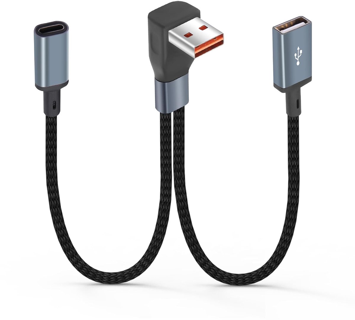 90 graden USB-verdelerkabel, USB-A-naar-C-aansluiting + USB-A-aansluiting, korte kabel - 20 cm - ShopVlot