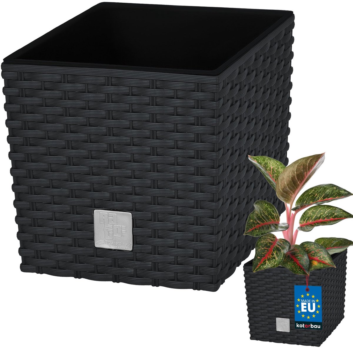 KOTARBAU® Vierkante Bloempot met Inzetpot - Vierkante Plantenbak 20x20 cm Plantenpot 6,8 L - Plantenbak - Kunststof - Rotanlook - Antraciet