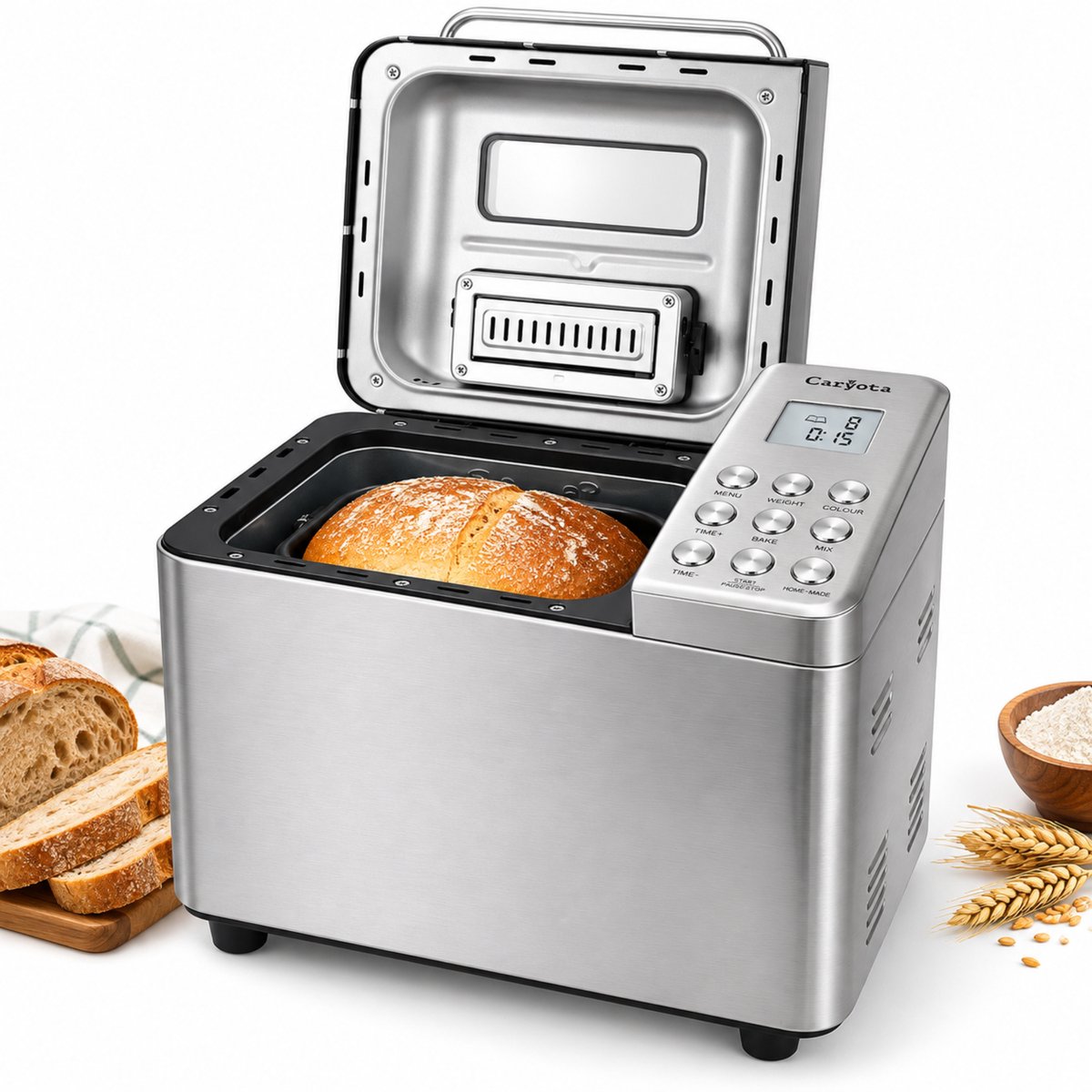 Caryota Broodbakmachine - Broodmachine - 15 Programma's - 500/750/1000 g - Glutenvrij - Automatische Noten- en Fruitdispenser - 15 Uur Timer - Warmhoudfunctie - 3 Korststanden - RVS