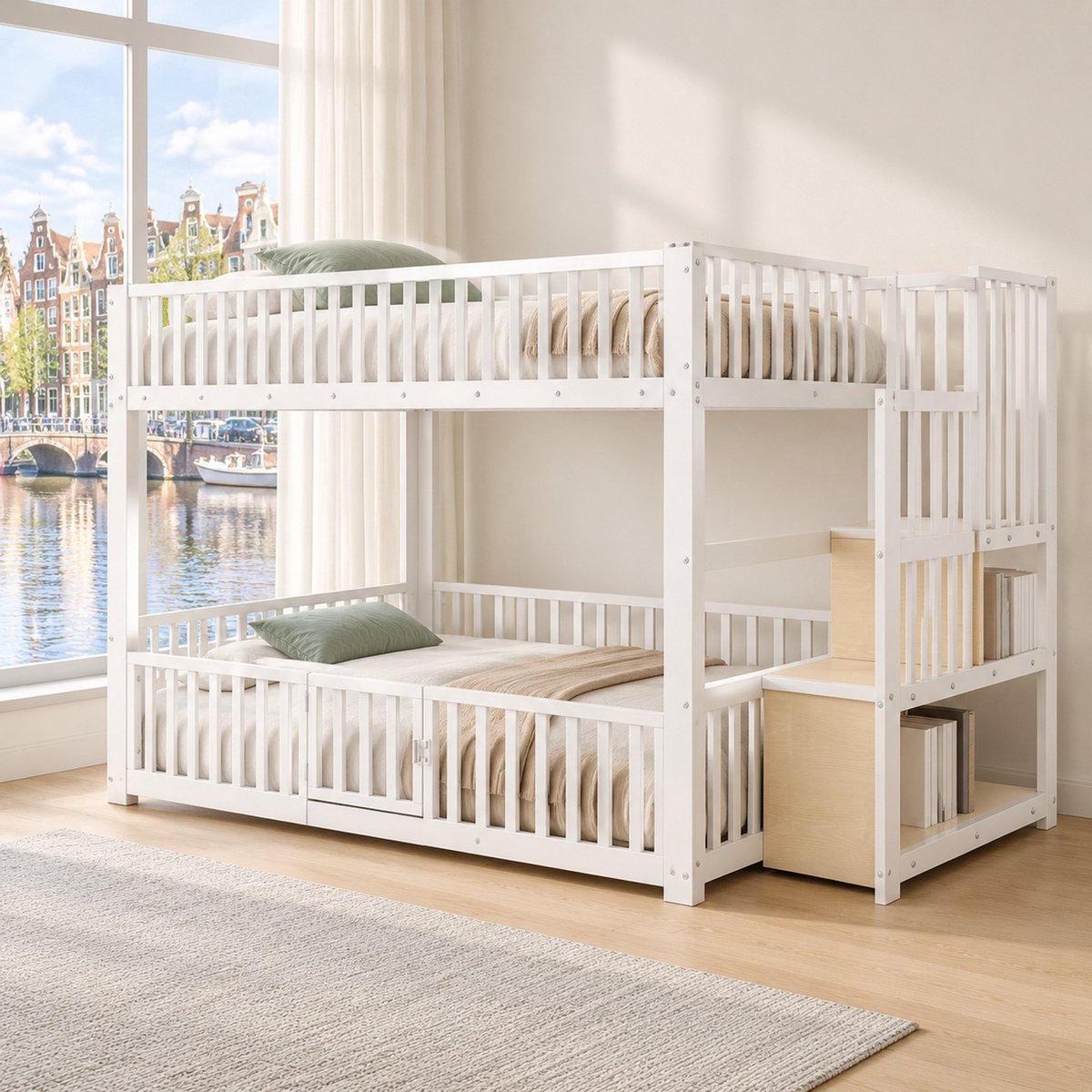 WUVRIE Stapelbed 140x200 cm met opbergladder, LED-verlichting en beschermhekken, wit