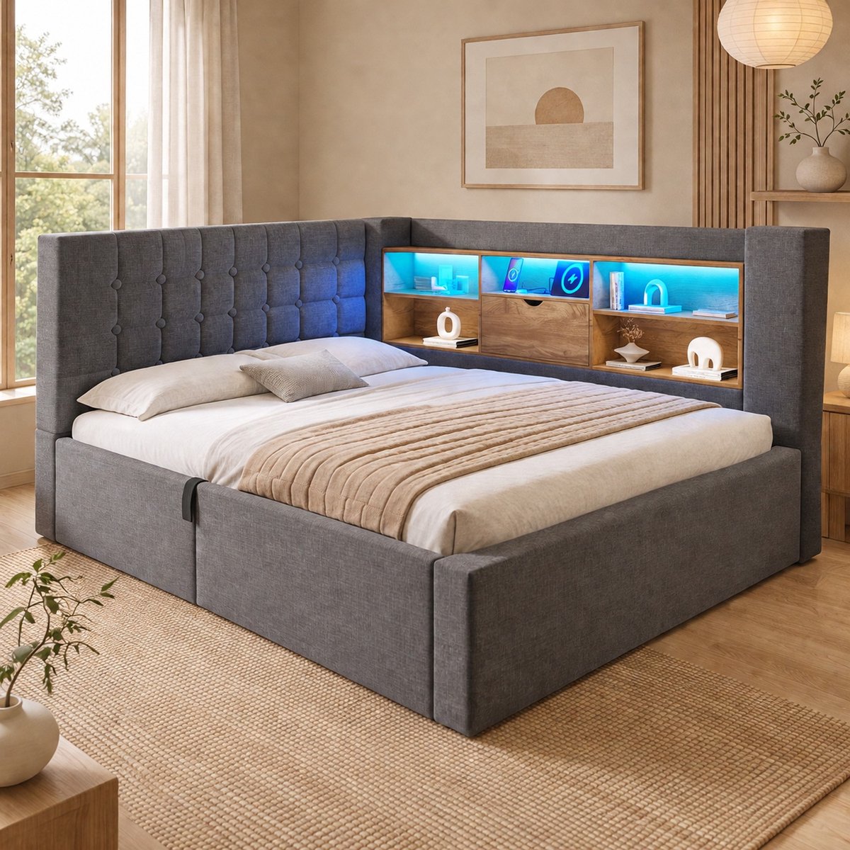 WUVRIE Gestoffeerd opbergbed 140x200 cm met LED, laadpoorten en lattenbodem, grijs