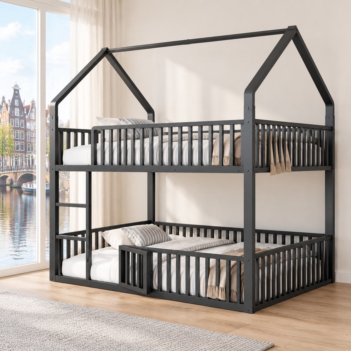 WUVRIE Metalen stapelbed 140x200 cm in huisvorm met ladder, veiligheidshekken en deur, zwart