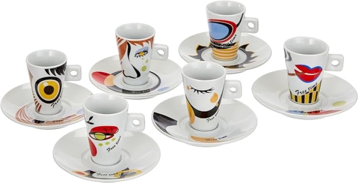 Espressokopjes en schoteltjes set 12-delig - Porselein - Abstract gezichtsdecor - 50 ml - Vaatwasserbestendig