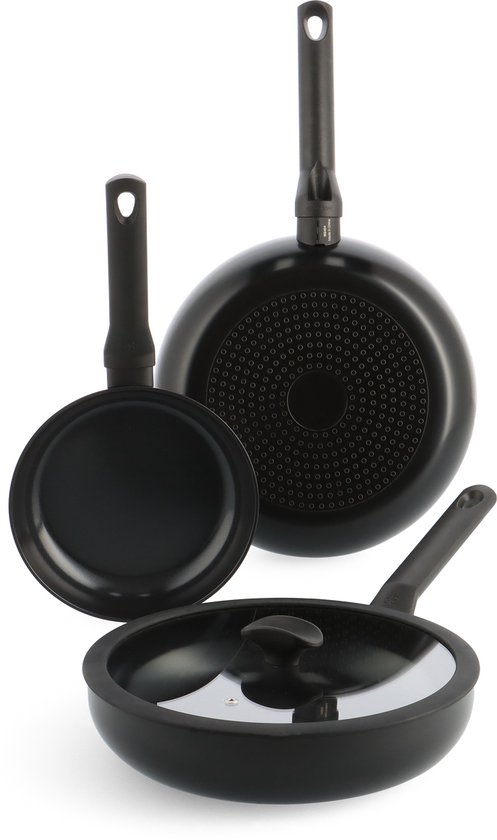 BK Enjoy 3-delige pannenset - Ø20/28cm koekenpannen en hapjespan met deksel Ø 28cm - PFAS vrij - zwart - koelgrepen - ovenbestendig tot 160°