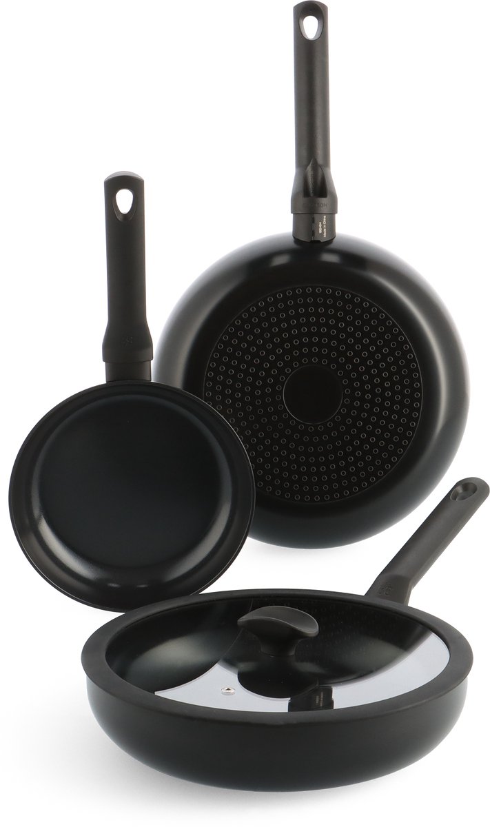 BK Enjoy Pannenset 3-delig - 20/28cm - 3.4L - PFAS-vrije antikleeflaag - Pannenset inductie - Keramische pan - Ovenbestendig tot 160°C - Hapjespan 28cm met deksel - Koudgrepen - Met glazen deksel - Zwart