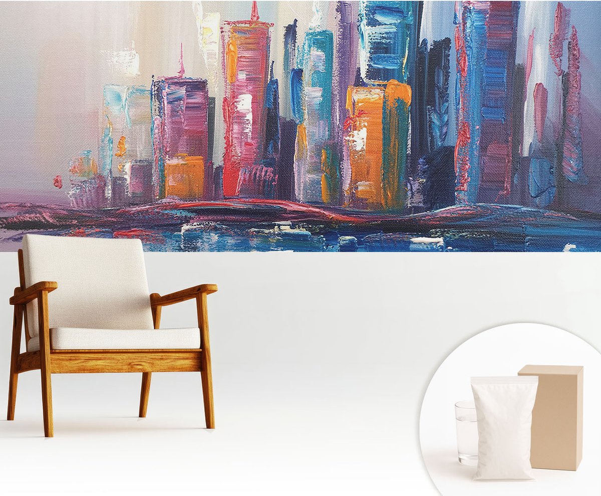 Wallfluent Fotobehang - Blauw Vliesbehang - 250x104 cm - Kleurrijke Stad Muurschildering - Slaapkamer behang Deel - Fotobehang Vlies - Slaapkamer behang