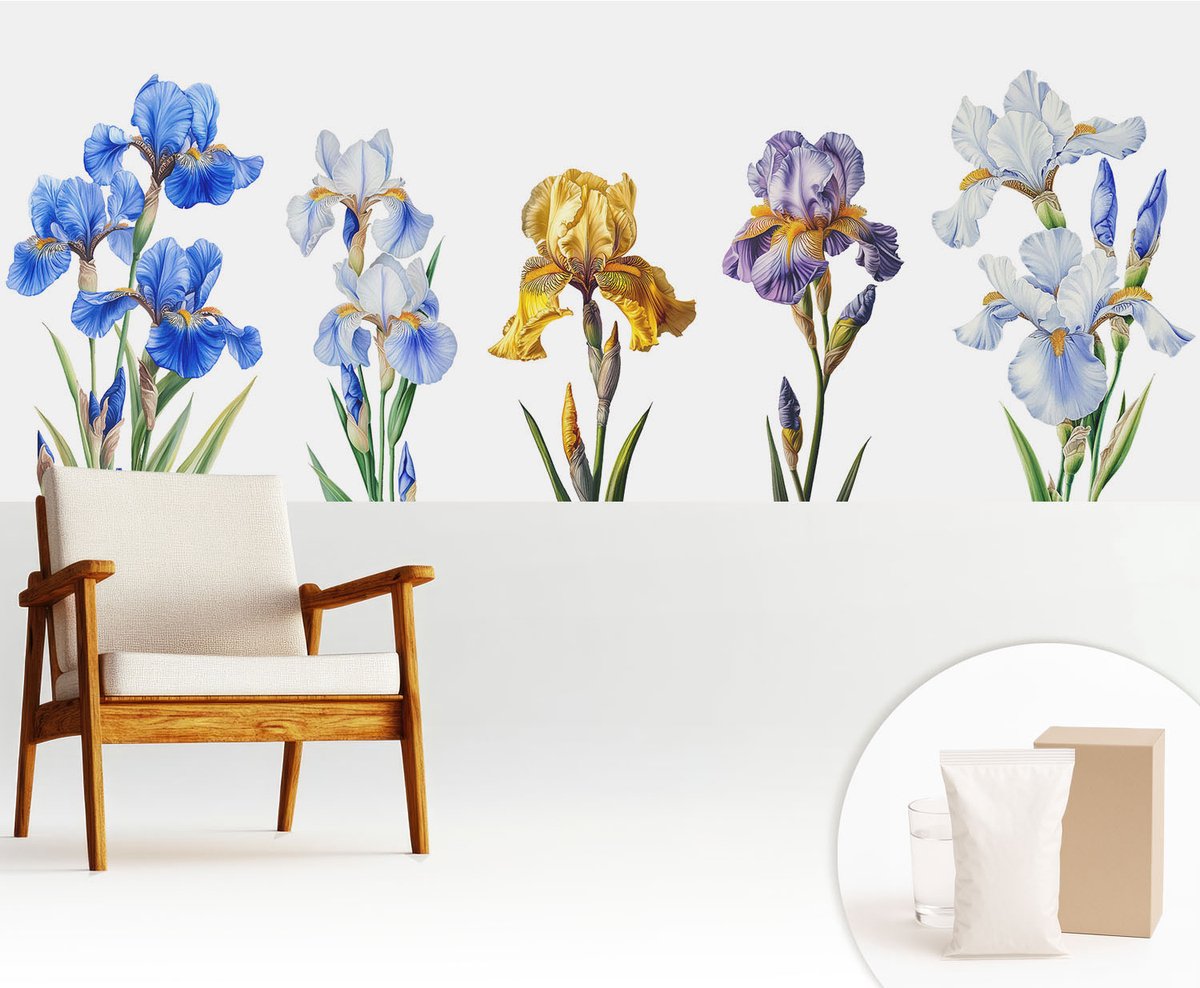 Wallfluent Fotobehang - Blauw Vliesbehang - 250x104 cm - Irisbloemen Muurschildering - Gang behang Bloemen En Planten - Fotobehang Vlies - Slaapkamer behang