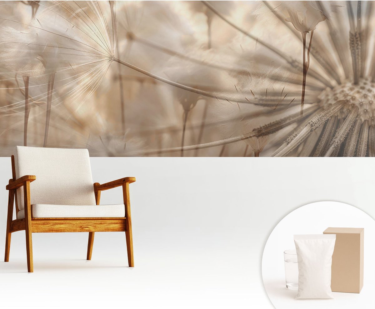 Wallfluent Fotobehang - Beige Vliesbehang - 250x104 cm - Subtiele Paardenbloemen Muurschildering - Slaapkamer behang Bloemen En Planten - Fotobehang Vlies - Gang behang