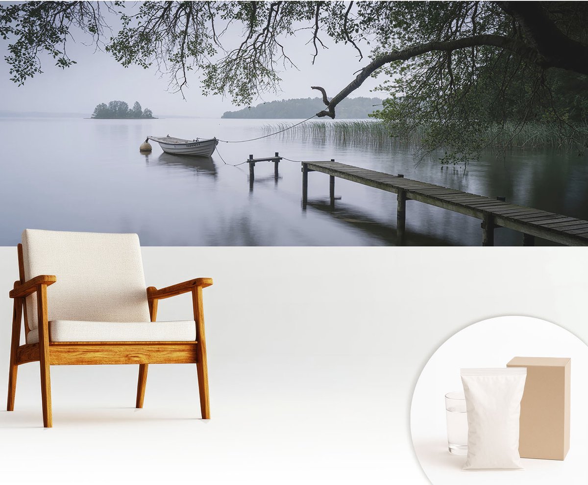 Wallfluent Fotobehang - Grijs Vliesbehang - 250x104 cm - Een Kalm Meer Muurschildering - Slaapkamer behang Landschappen - Fotobehang Vlies - Slaapkamer behang
