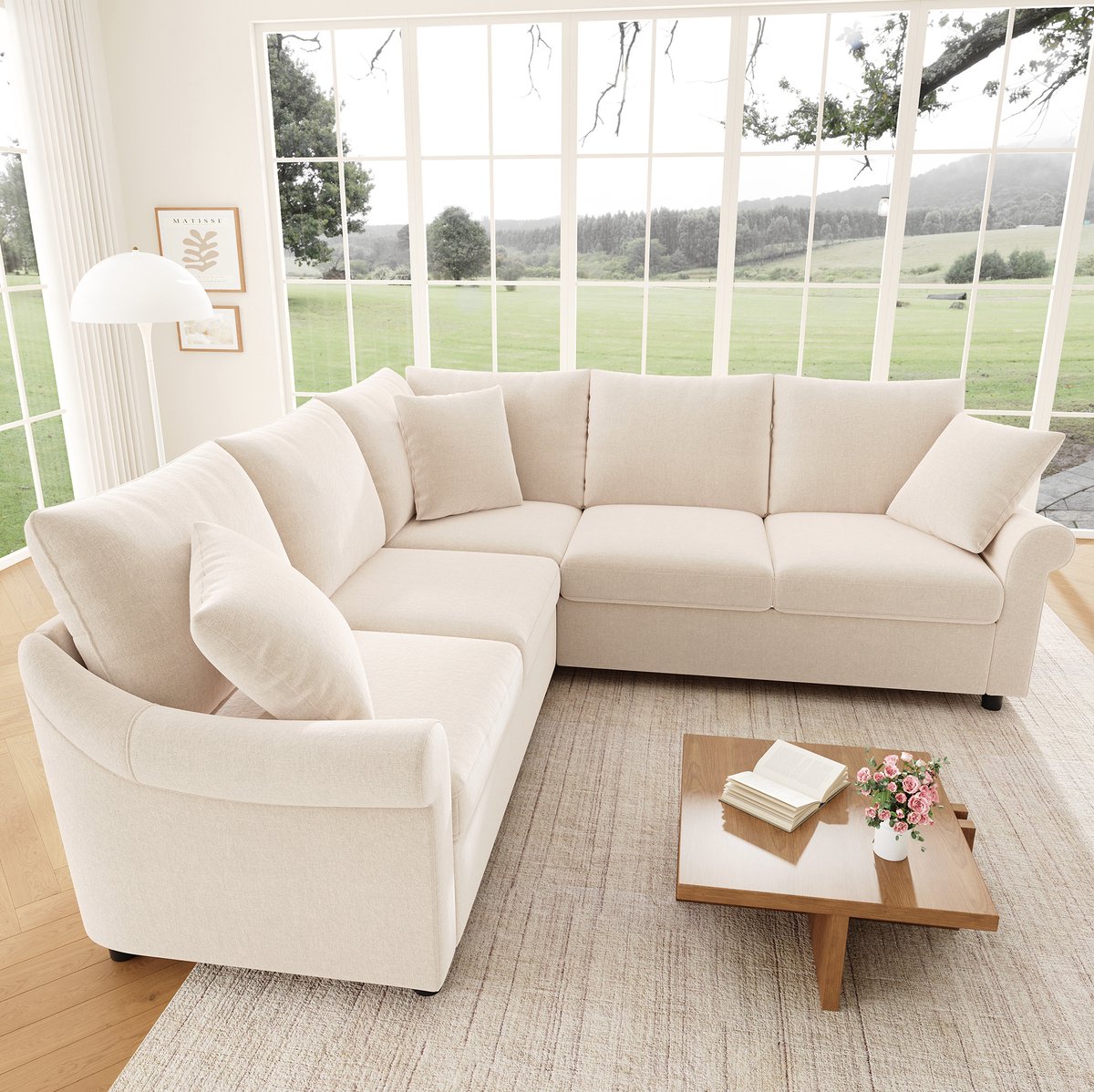 MODENUIT Hoekbank 217 x 217 x 83 cm - 5-Zits Met Afneembaar Zitkussen - Woonkamer - Chenille Beige