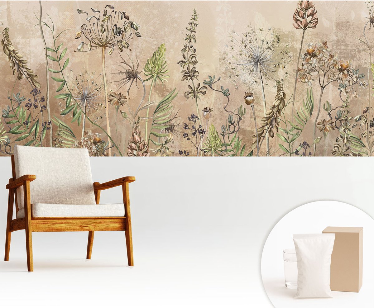 Wallfluent Fotobehang - Beige Vliesbehang - 250x104 cm - Rustieke Bloemen Fotobehang Vlies - Woonkamer behang Bloemen En Planten - Muurschildering - Woonkamer behang