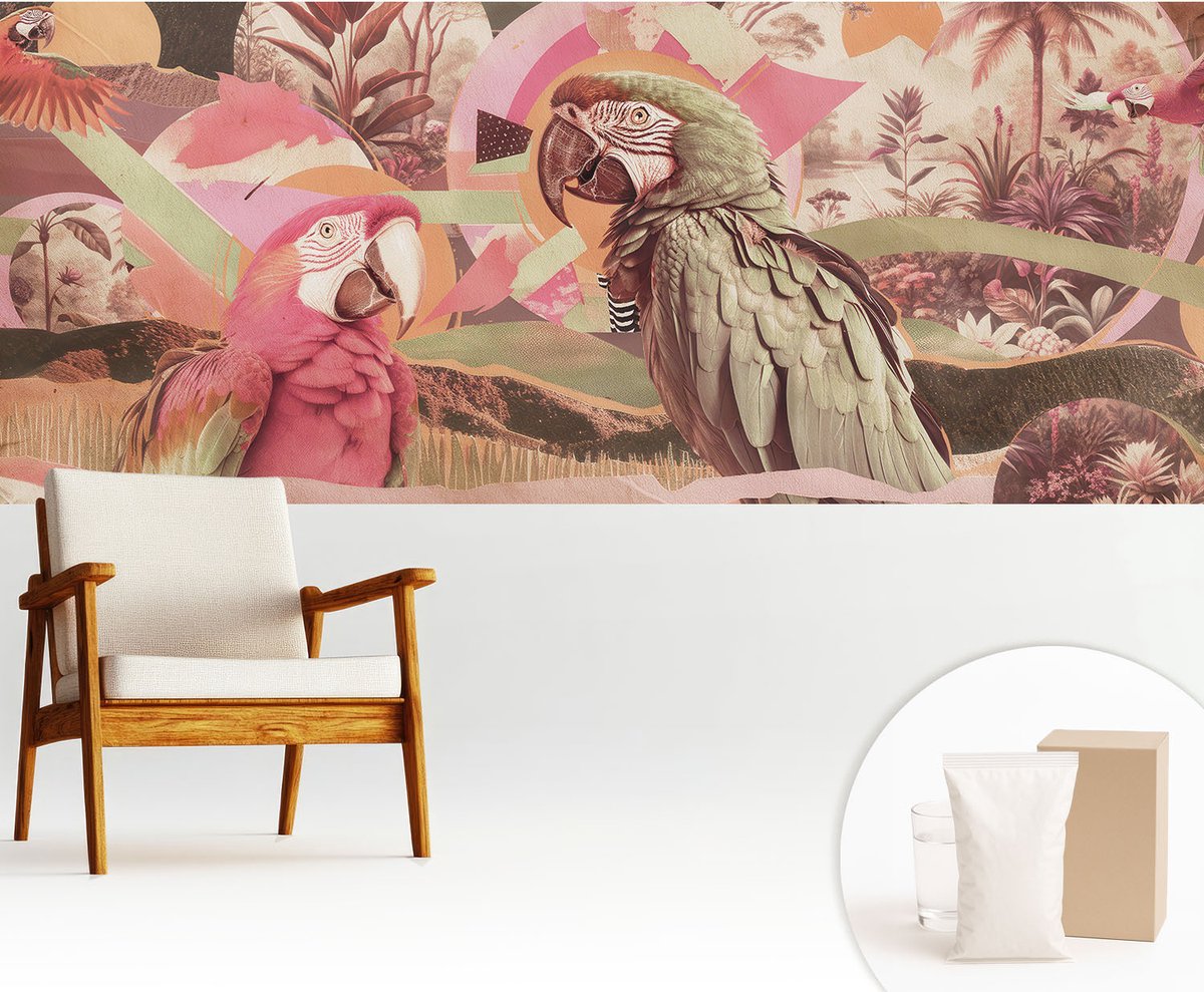 Wallfluent Fotobehang - Roze Vliesbehang - 250x104 cm - Tropische Vogels Fotobehang Vlies - Woonkamer behang Dieren - Muurschildering - Woonkamer behang