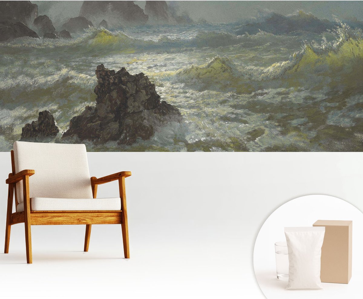 Wallfluent Fotobehang - Grijs Vliesbehang - 250x104 cm - Stormachtige Zee Fotobehang Vlies - Hal behang Landschappen - Muurschildering - Woonkamer behang