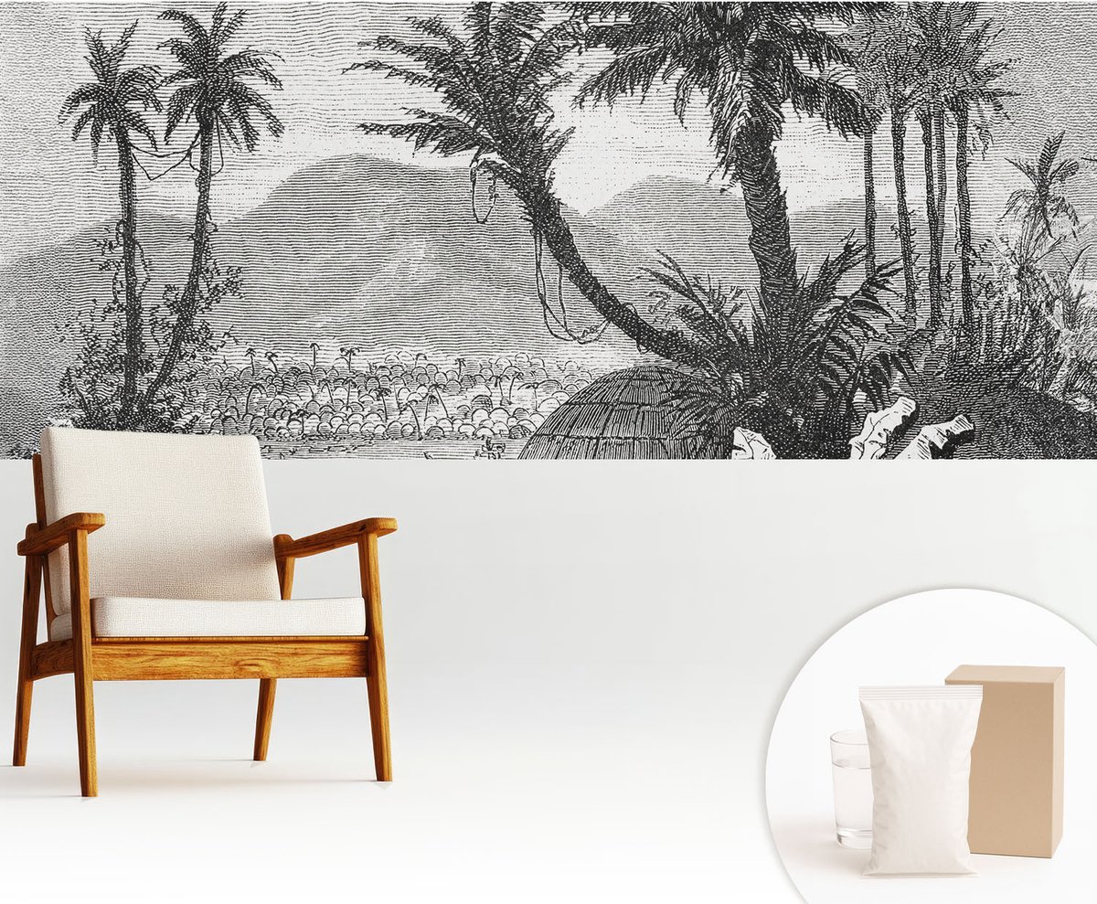 Wallfluent Fotobehang - Zwart-Wit Vliesbehang - 250x104 cm - Tropische Oase Muurschildering - Slaapkamer behang Landschappen - Fotobehang Vlies - Gang behang