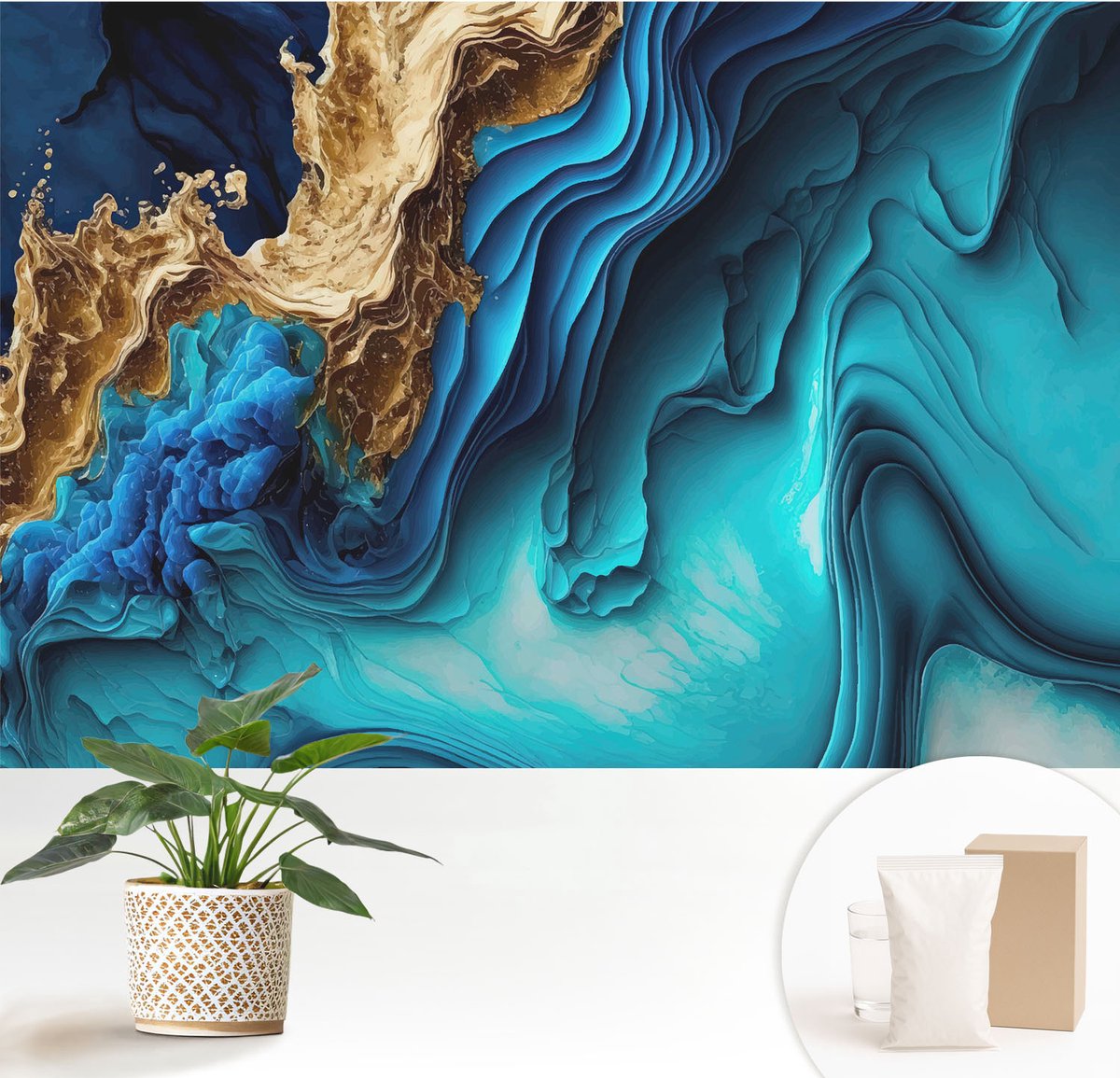 Wallfluent Fotobehang - Blauw Vliesbehang - 152x104 cm - Energiegolven Muurschildering - Gang behang Abstractie - Fotobehang Vlies - Gang behang