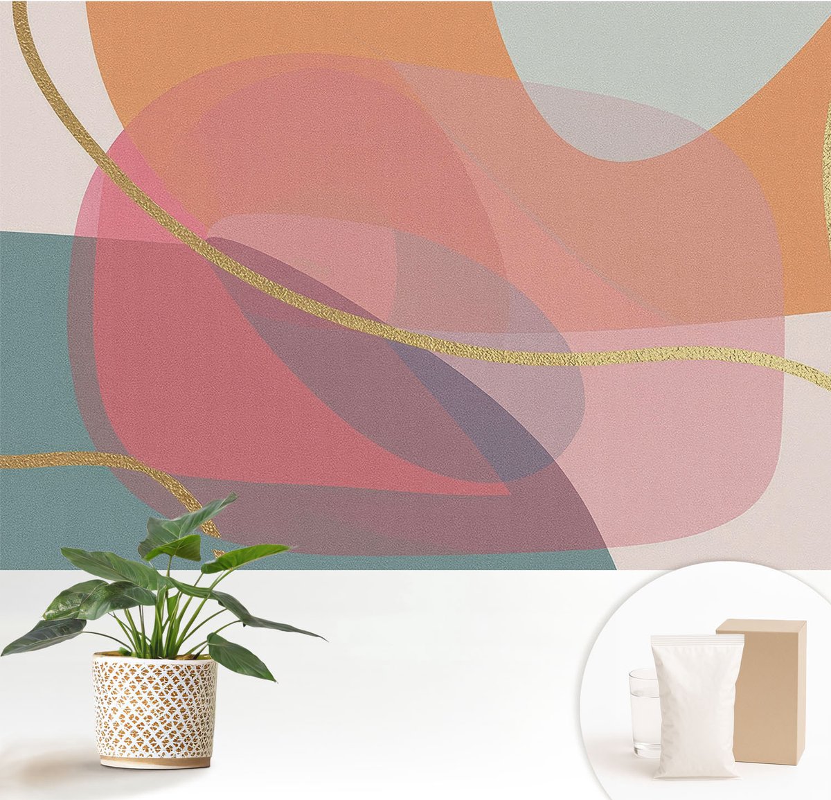 Wallfluent Fotobehang - Oranje Vliesbehang - 152x104 cm - Kleurrijke Vormen Muurschildering - Gang behang Abstractie - Fotobehang Vlies - Slaapkamer behang