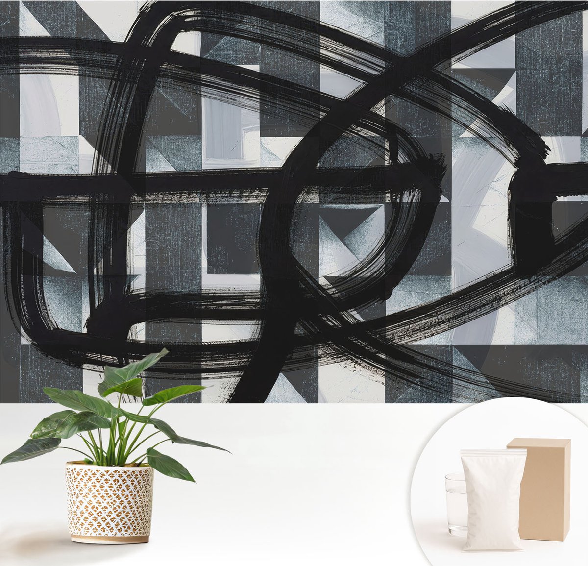 Wallfluent Fotobehang - Zwart Vliesbehang - 152x104 cm - Expressieve Geometrie Muurschildering - Slaapkamer behang Abstractie - Fotobehang Vlies - Gang behang