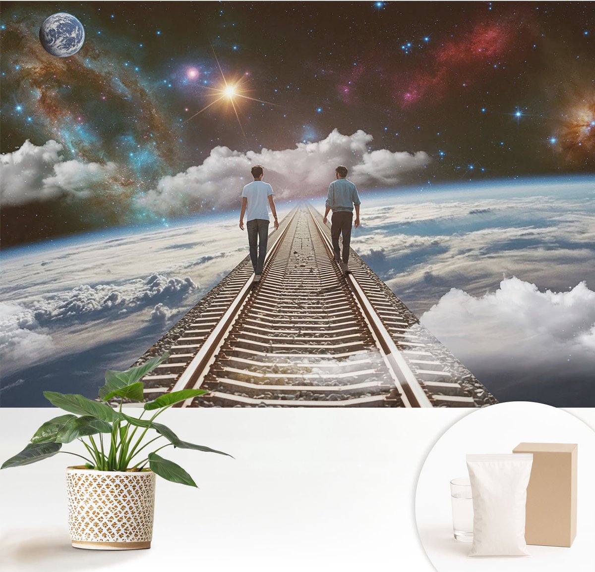 Wallfluent Fotobehang - Wit Vliesbehang - 152x104 cm - Ruimtereis Fotobehang Vlies - Hal behang Kosmos - Muurschildering - Woonkamer behang