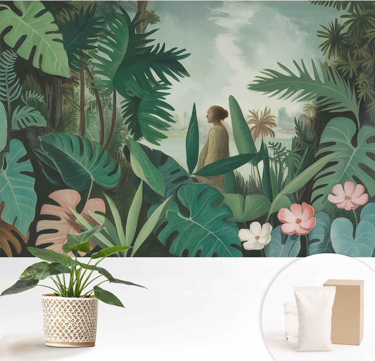 Wallfluent Fotobehang - Groente Vliesbehang - 152x104 cm - Exotische Jungle Fotobehang Vlies - Woonkamer behang Bloemen En Planten - Muurschildering - Hal behang