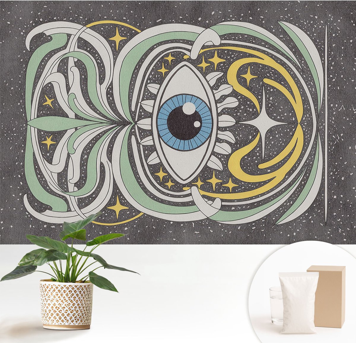 Wallfluent Fotobehang - Zwart Vliesbehang - 152x104 cm - Symmetrisch Oog Fotobehang Vlies - Woonkamer behang Abstractie - Muurschildering - Hal behang