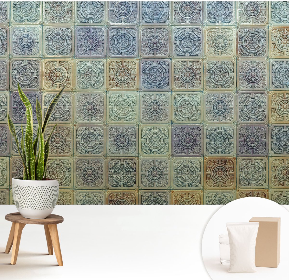 Wallfluent Fotobehang - Grijs Vliesbehang - 208x146 cm - Geometrische Tegels Muurschildering - Slaapkamer behang Achtergronden En Patronen - Fotobehang Vlies - Slaapkamer behang