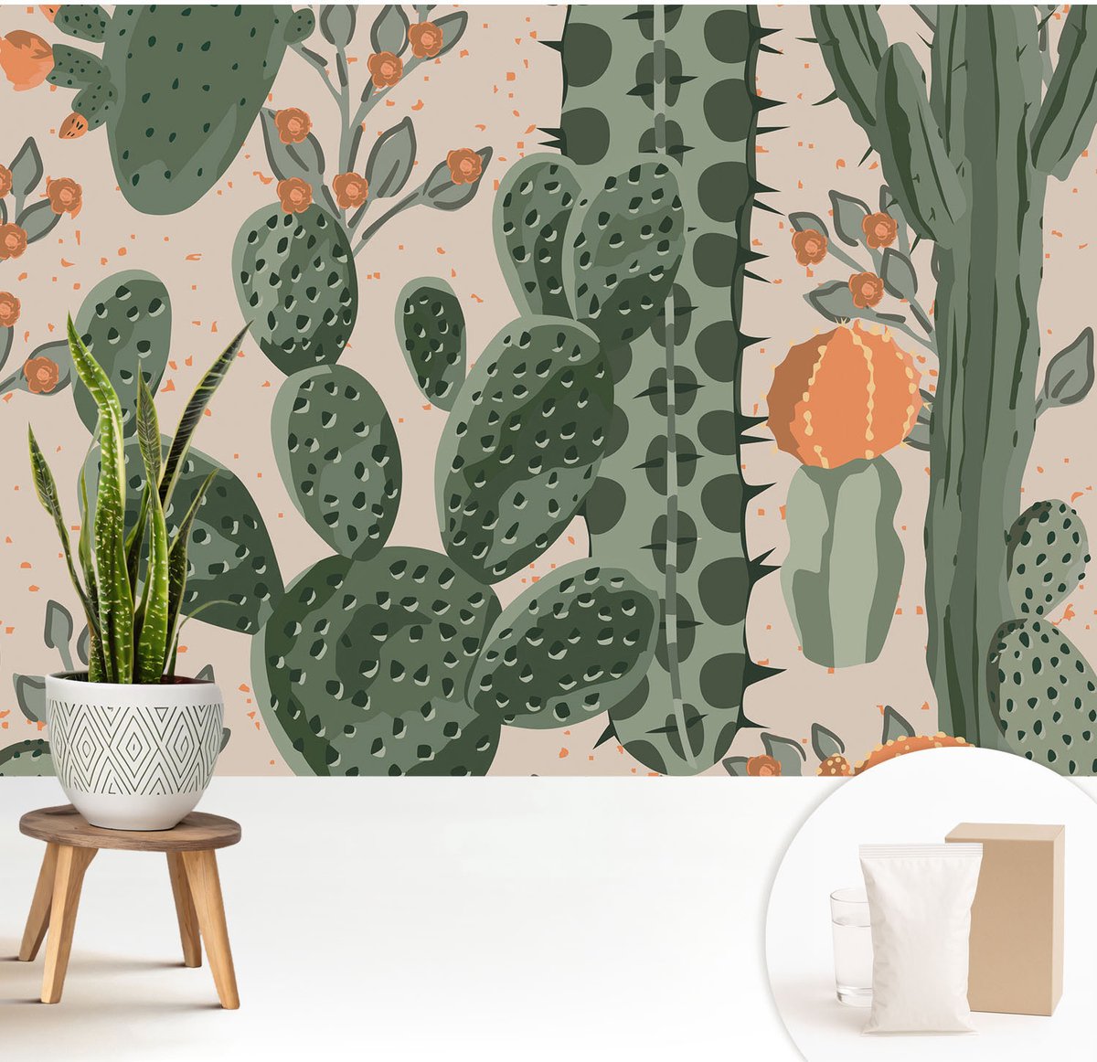 Wallfluent Fotobehang - Groente Vliesbehang - 208x146 cm - Groene Cactussen Fotobehang Vlies - Woonkamer behang Bloemen En Planten - Muurschildering - Woonkamer behang