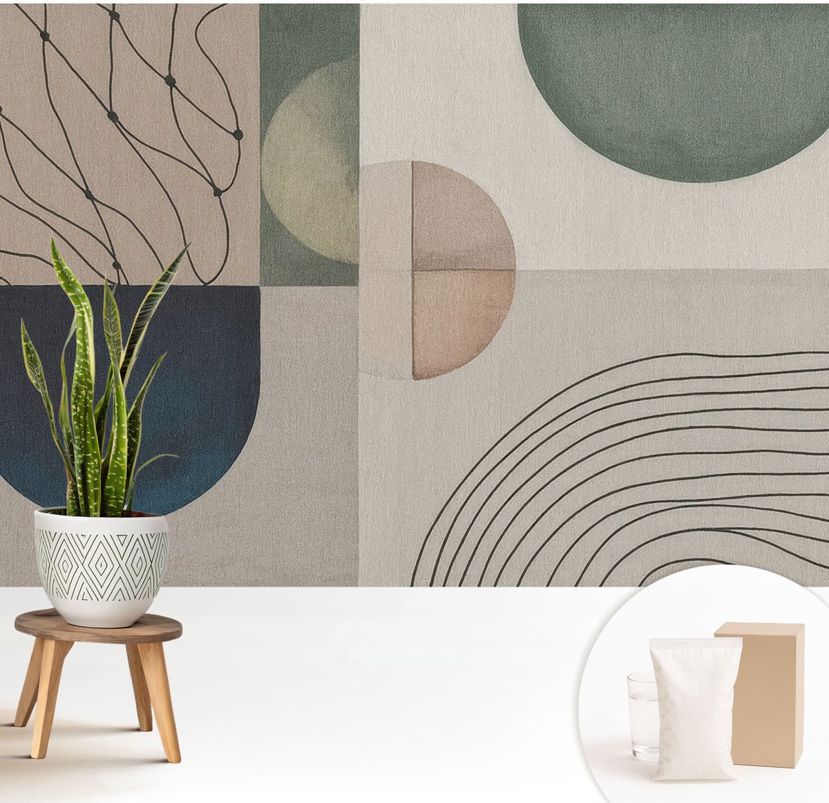 Wallfluent Fotobehang - Beige Vliesbehang - 208x146 cm - Geometrische Vormen Fotobehang Vlies - Hal behang Abstractie - Muurschildering - Woonkamer behang