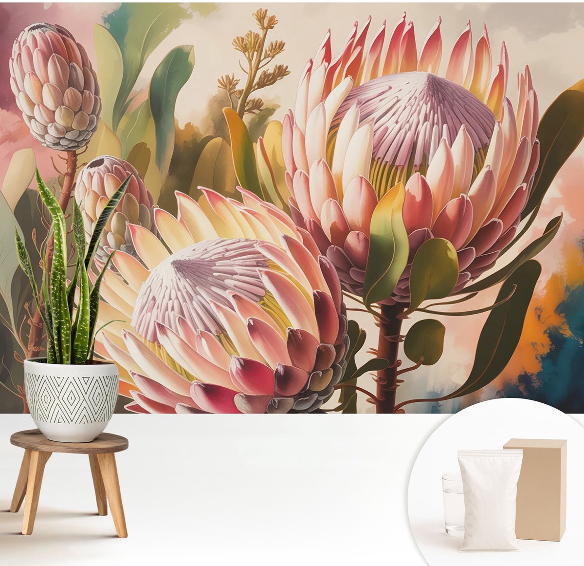Wallfluent Fotobehang - Roze Vliesbehang - 208x146 cm - Protea-Bloemen Muurschildering - Gang behang Bloemen En Planten - Fotobehang Vlies - Slaapkamer behang