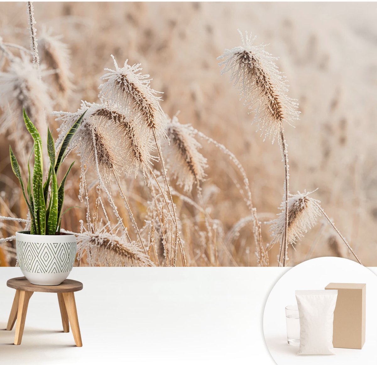 Wallfluent Fotobehang - Wit Vliesbehang - 208x146 cm - Winterlandschap Fotobehang Vlies - Hal behang Bloemen En Planten - Muurschildering - Woonkamer behang