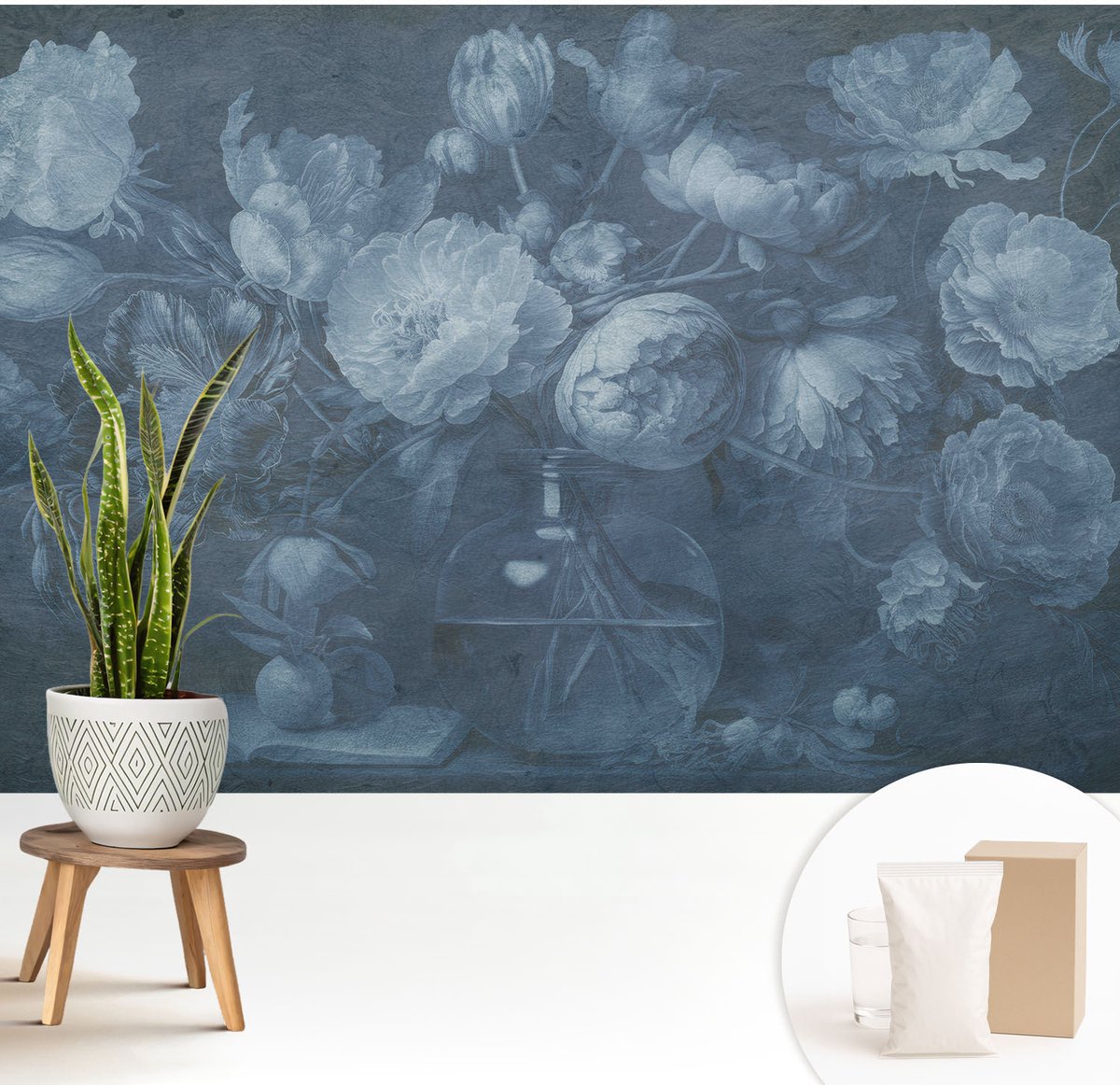 Wallfluent Fotobehang - Blauw Vliesbehang - 208x146 cm - Bloemarrangement Muurschildering - Gang behang Bloemen En Planten - Fotobehang Vlies - Slaapkamer behang