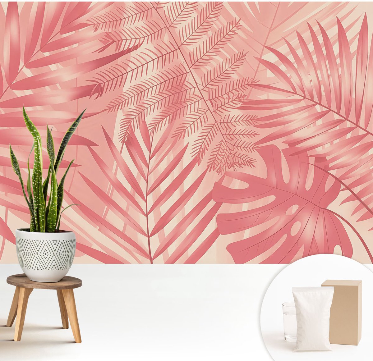 Wallfluent Fotobehang - Roze Vliesbehang - 208x146 cm - Tropische Bladeren Muurschildering - Gang behang Bloemen En Planten - Fotobehang Vlies - Gang behang