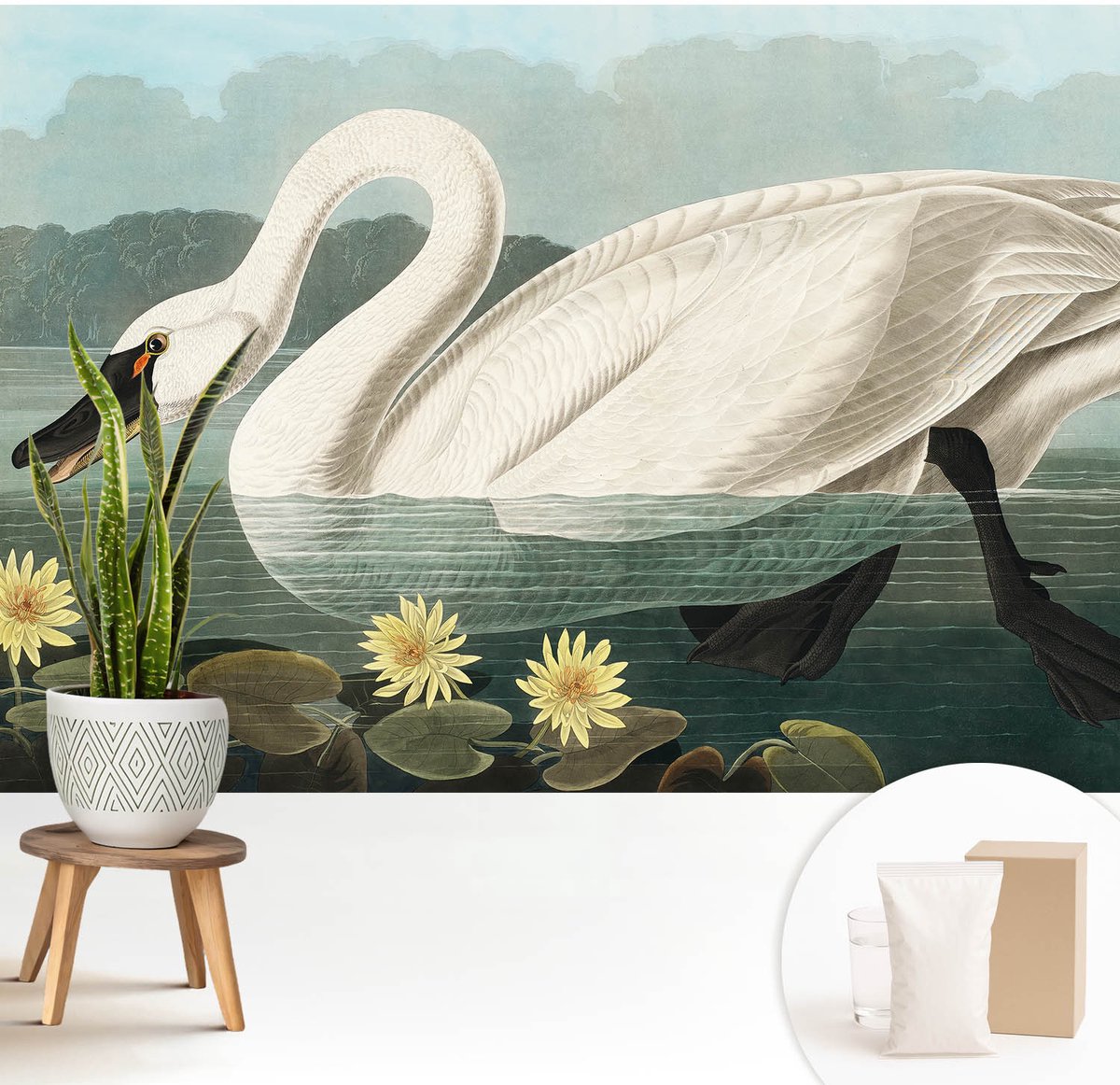 Wallfluent Fotobehang - Wit Vliesbehang - 208x146 cm - Zwaan En Waterlelies Fotobehang Vlies - Woonkamer behang Dieren - Muurschildering - Woonkamer behang