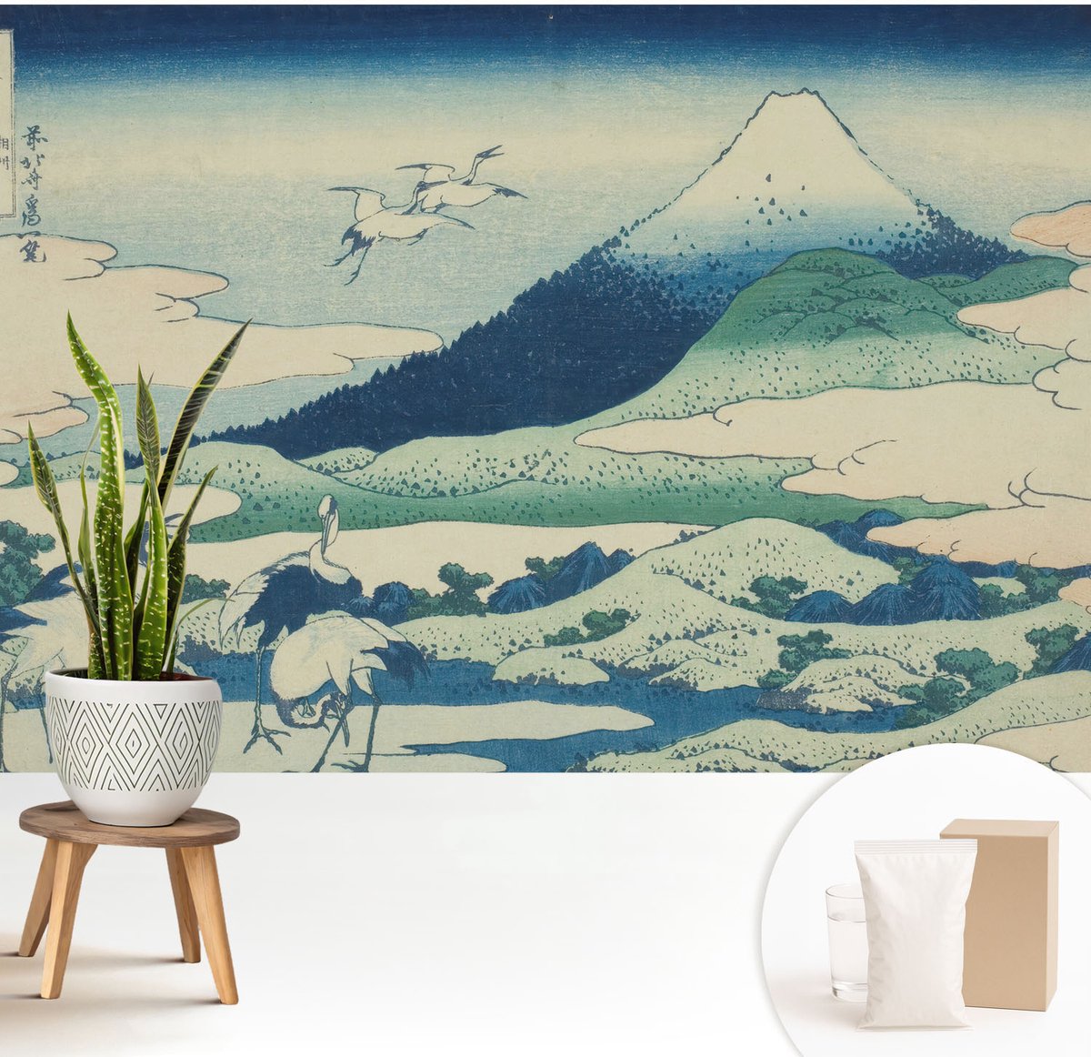 Wallfluent Fotobehang - Blauw Vliesbehang - 208x146 cm - Kraanvogels En Bergen Muurschildering - Gang behang Landschappen - Fotobehang Vlies - Slaapkamer behang