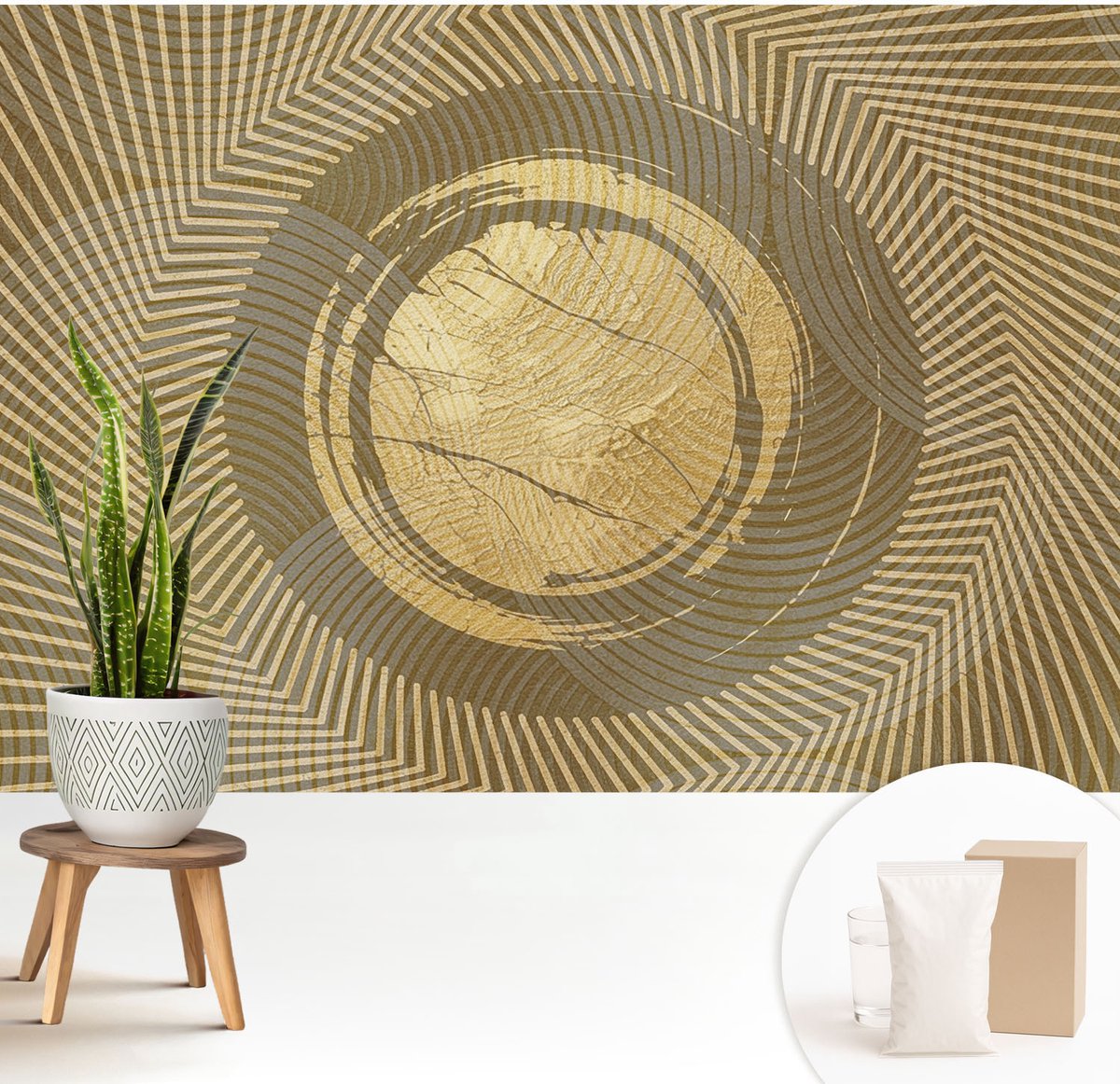 Wallfluent Fotobehang - Beige Vliesbehang - 208x146 cm - Stralende Lijnen Muurschildering - Slaapkamer behang Abstractie - Fotobehang Vlies - Slaapkamer behang