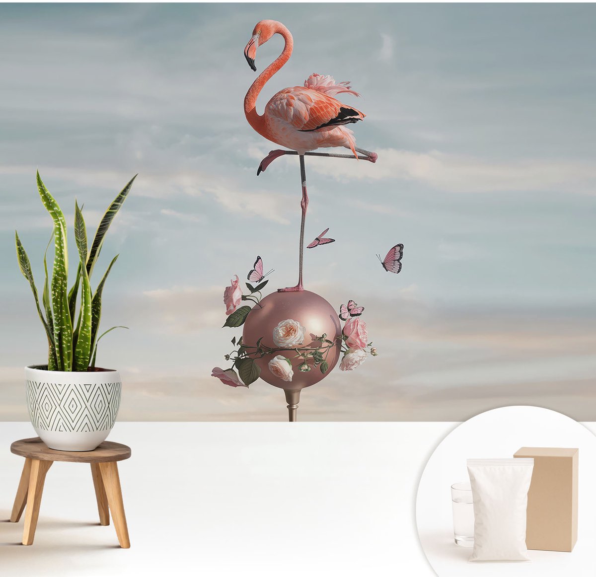 Wallfluent Fotobehang - Blauw Vliesbehang - 208x146 cm - Elegante Flamingo Fotobehang Vlies - Hal behang Dieren - Muurschildering - Woonkamer behang