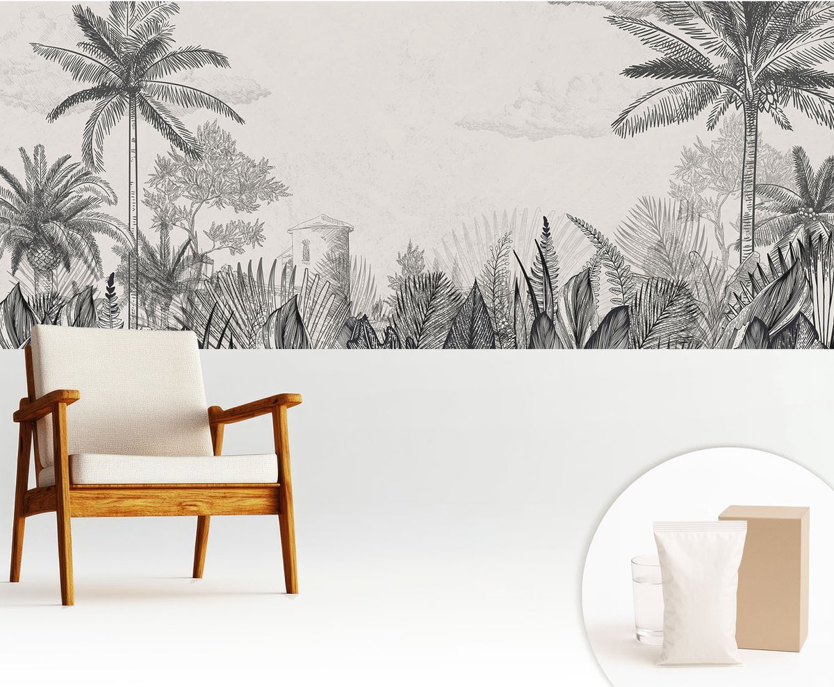 Wallfluent Fotobehang - Grijs Vliesbehang - 250x104 cm - Tropisch Landschap Fotobehang Vlies - Woonkamer behang Landschappen - Muurschildering - Woonkamer behang