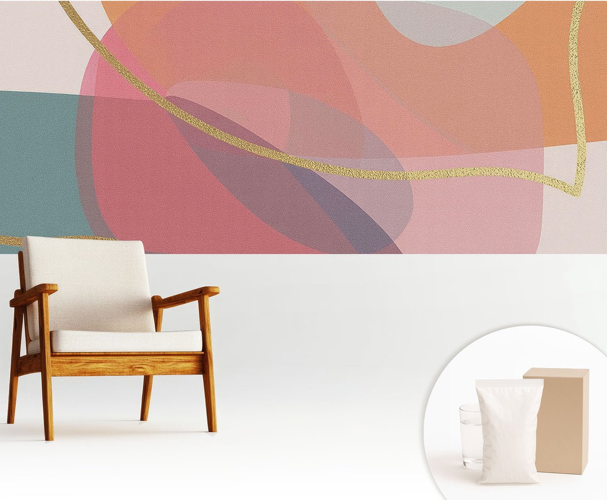 Wallfluent Fotobehang - Oranje Vliesbehang - 250x104 cm - Kleurrijke Vormen Muurschildering - Slaapkamer behang Abstractie - Fotobehang Vlies - Slaapkamer behang