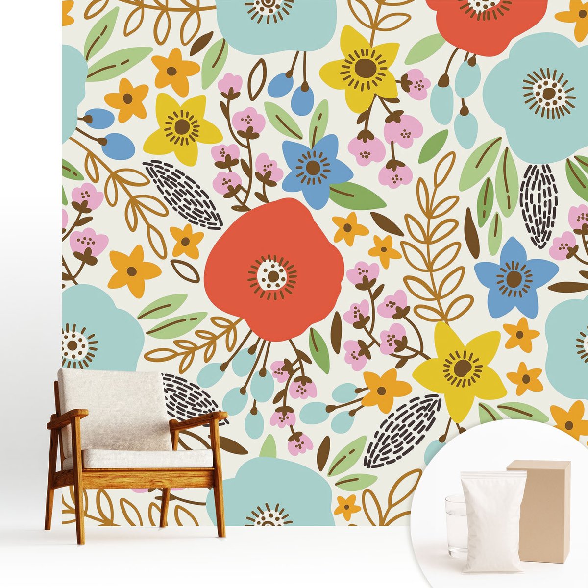 Wallfluent Fotobehang - Blauw Vliesbehang - 250x250 cm - Bloemenpatroon Muurschildering - Slaapkamer behang Bloemen En Planten - Fotobehang Vlies - Gang behang