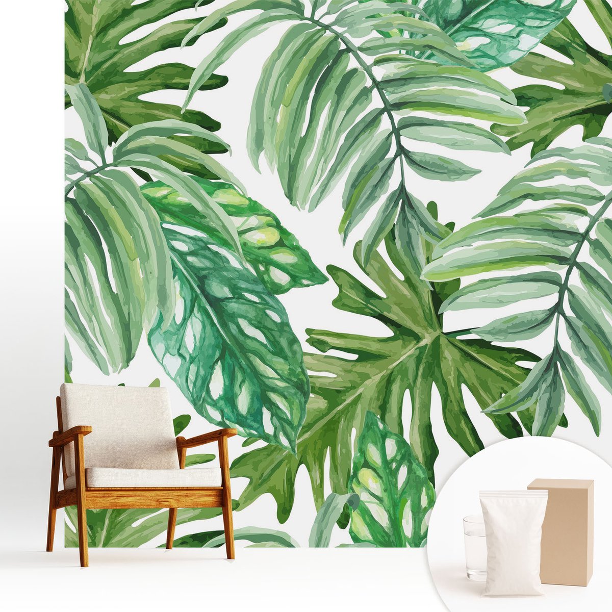 Wallfluent Fotobehang - Groente Vliesbehang - 250x250 cm - Exotische Bladeren Fotobehang Vlies - Hal behang Bloemen En Planten - Muurschildering - Woonkamer behang