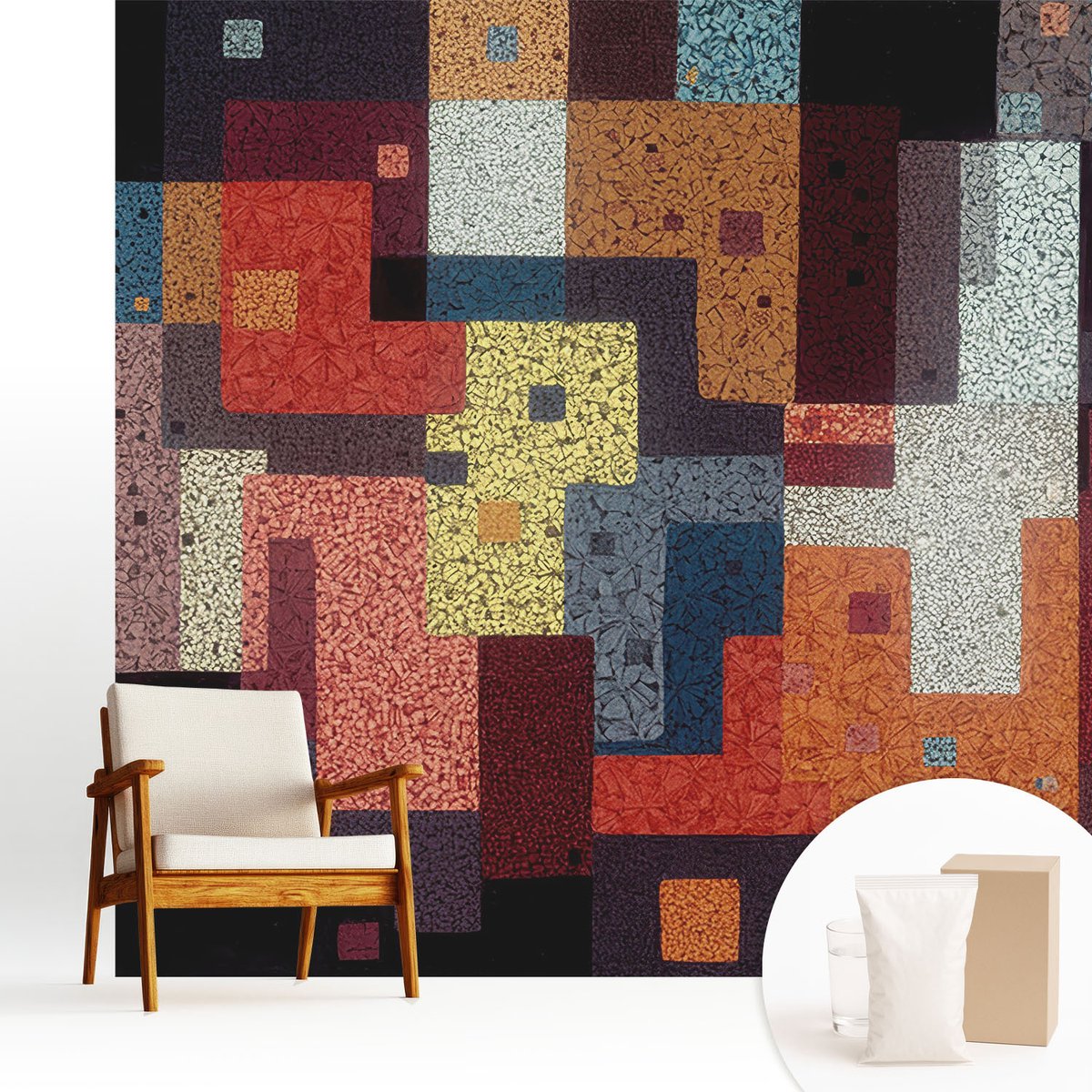 Wallfluent Fotobehang - Zwart Vliesbehang - 250x250 cm - Kleurrijke Vormen Muurschildering - Slaapkamer behang Abstractie - Fotobehang Vlies - Slaapkamer behang